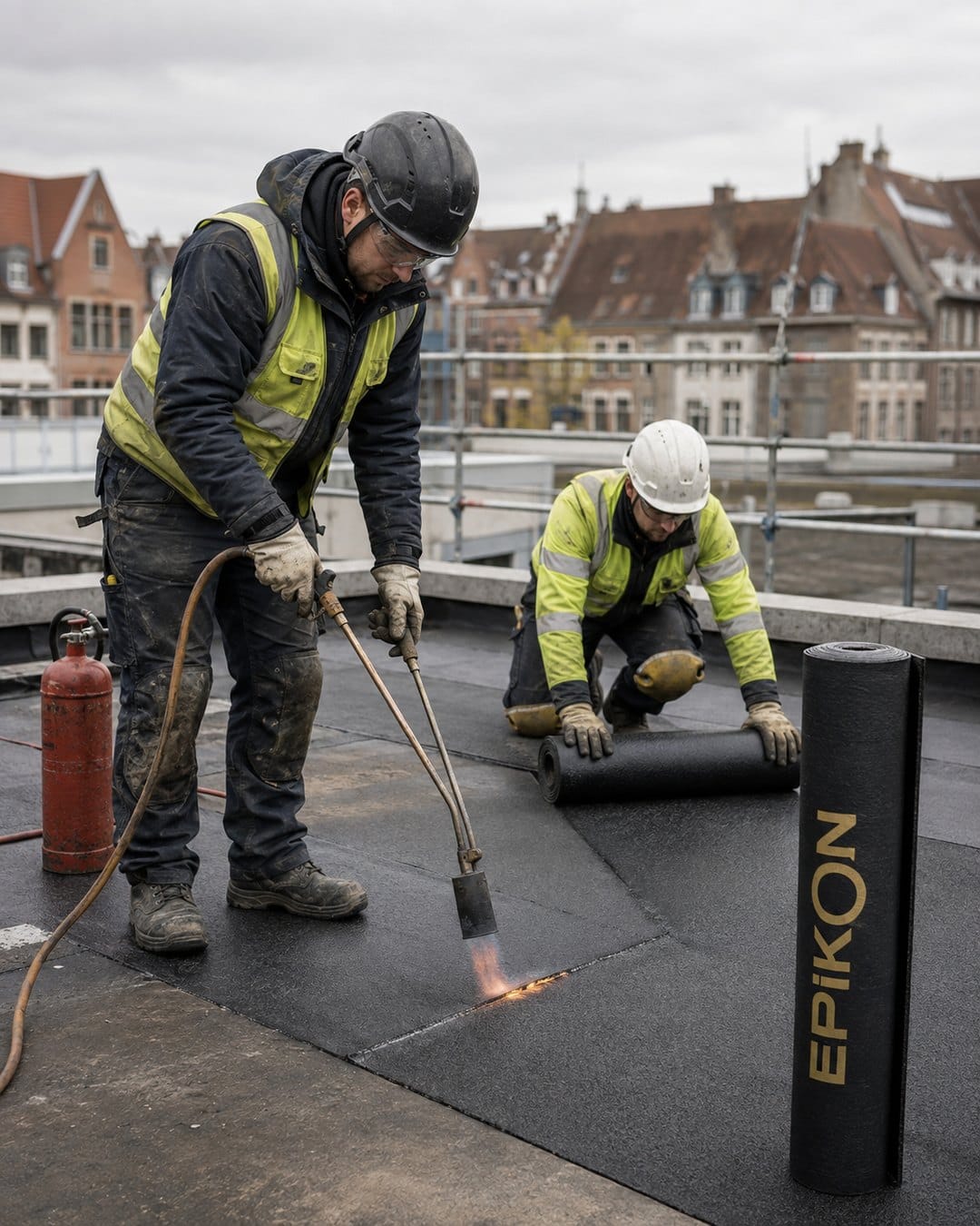 Torch application of a bituminous roof membrane on an unnamed European terrace scene