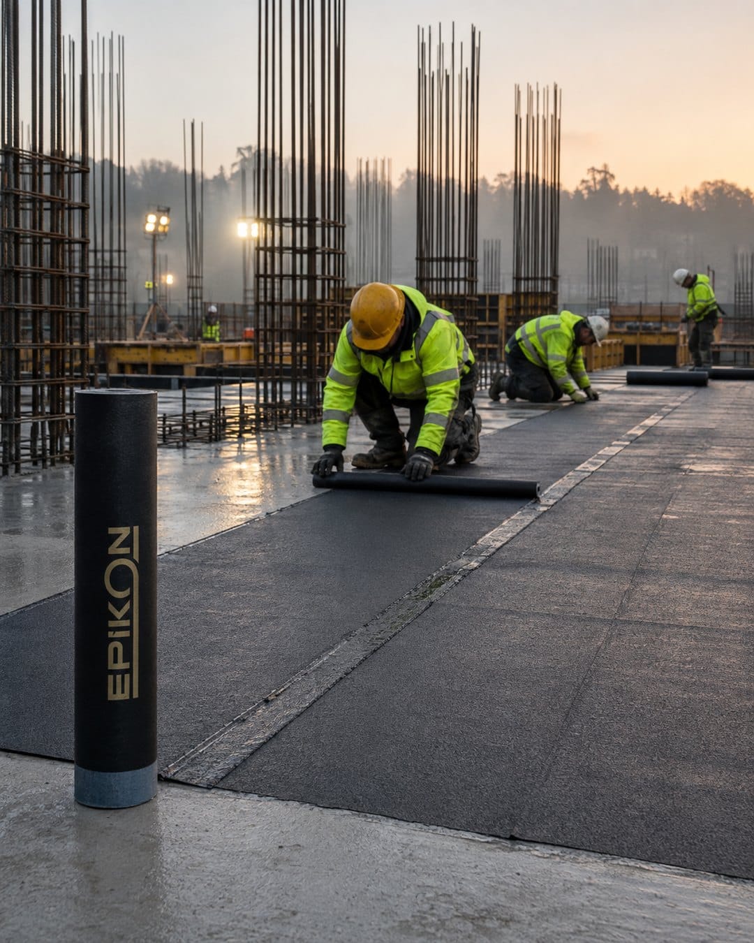 Pre-applied bituminous waterproofing on blinding concrete before reinforcement in an unnamed European foundation scene