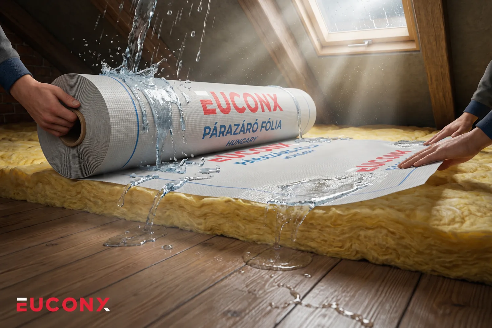 AI-generated EuConX marketing illustration of a vapour-barrier membrane installed in an attic - not a product photo