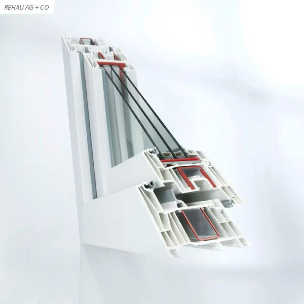 REHAU SYNEGO PVC window profile in cross-section, fabricated by Pidosan. The photo carries the REHAU AG + Co credit.