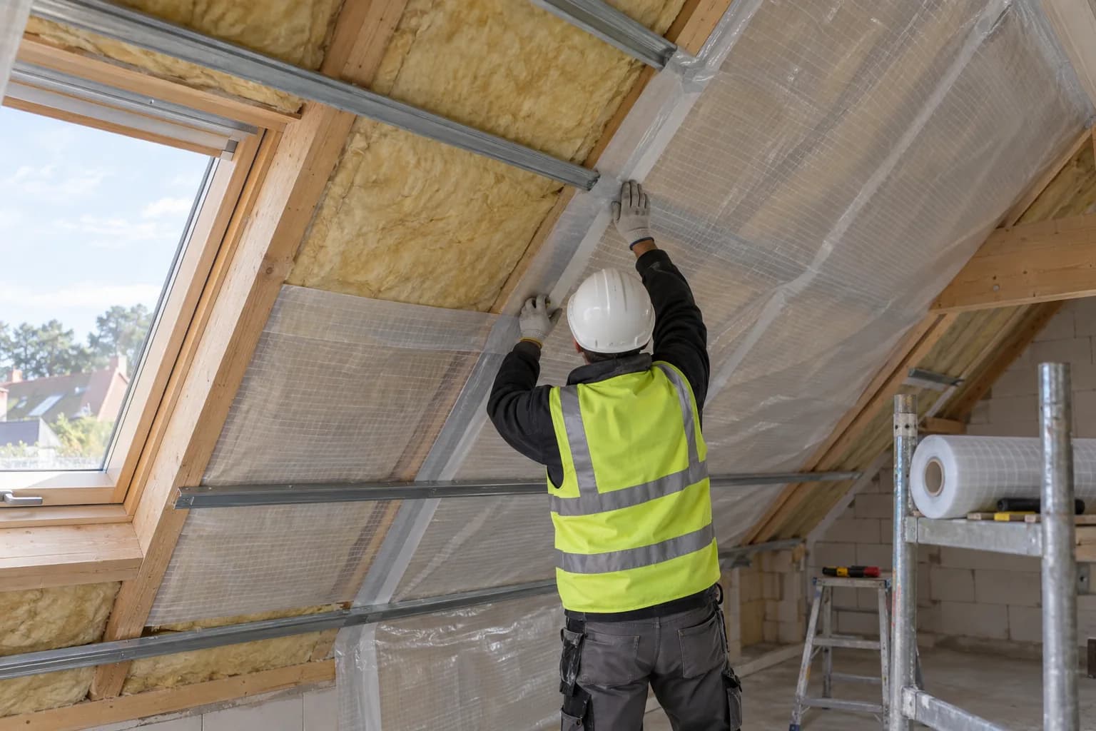 AI-generated illustration: Vapour barrier foil fixed on the warm side of insulated attic rafters with taped overlaps