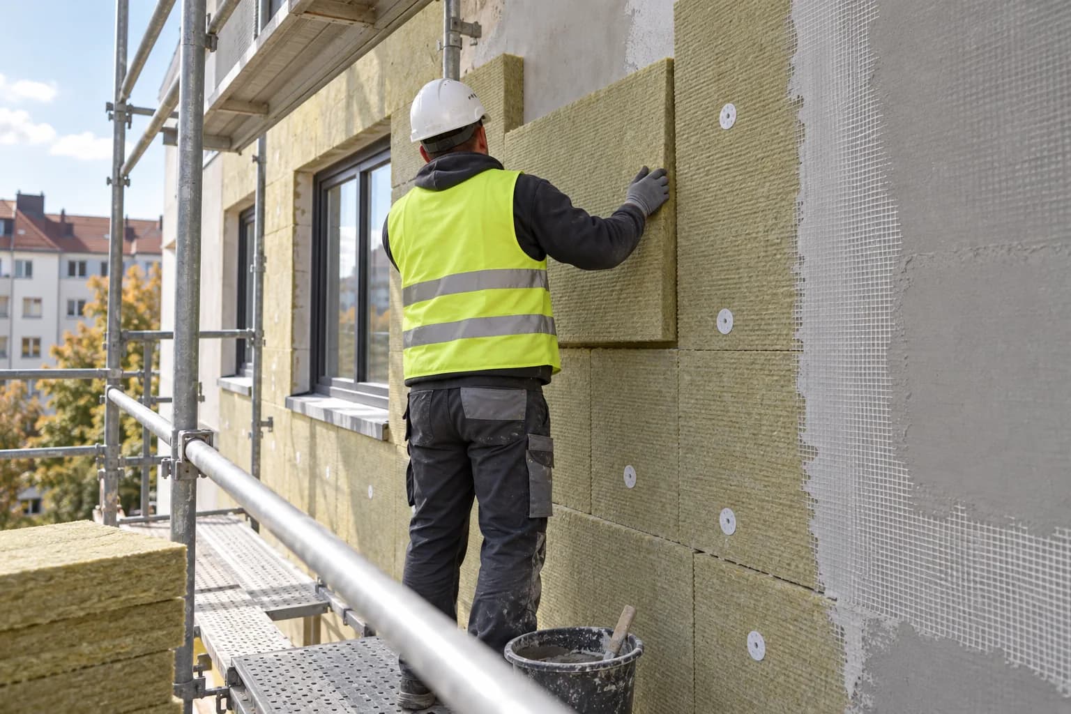 AI-generated illustration: Stone wool insulation boards bonded and dowelled to a masonry facade in an external insulation system