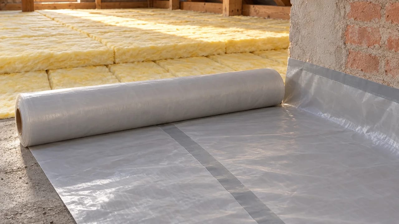 Temsili görsel: beton çatı arası döşemesinde yarısı açılmış yarı saydam açık gri buhar kesici membran rulosu, bindirme gri bantla kapatılmış, membran sağda tuğla duvara kaldırılmış; arkada iki kat serilmiş açık sarı cam yünü ve ahşap kirişler