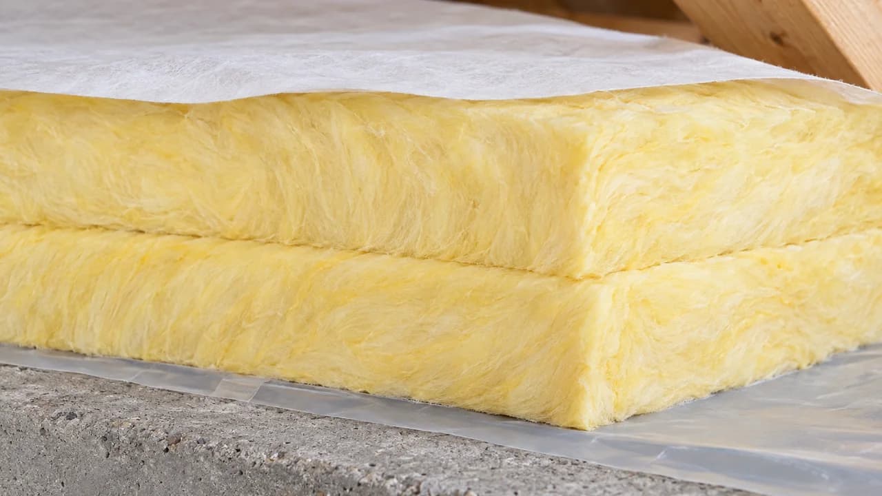 Cut edge of a finished attic floor insulation: concrete slab, thin grey vapour barrier, two stacked pale-yellow glass wool layers, white breathable membrane on top