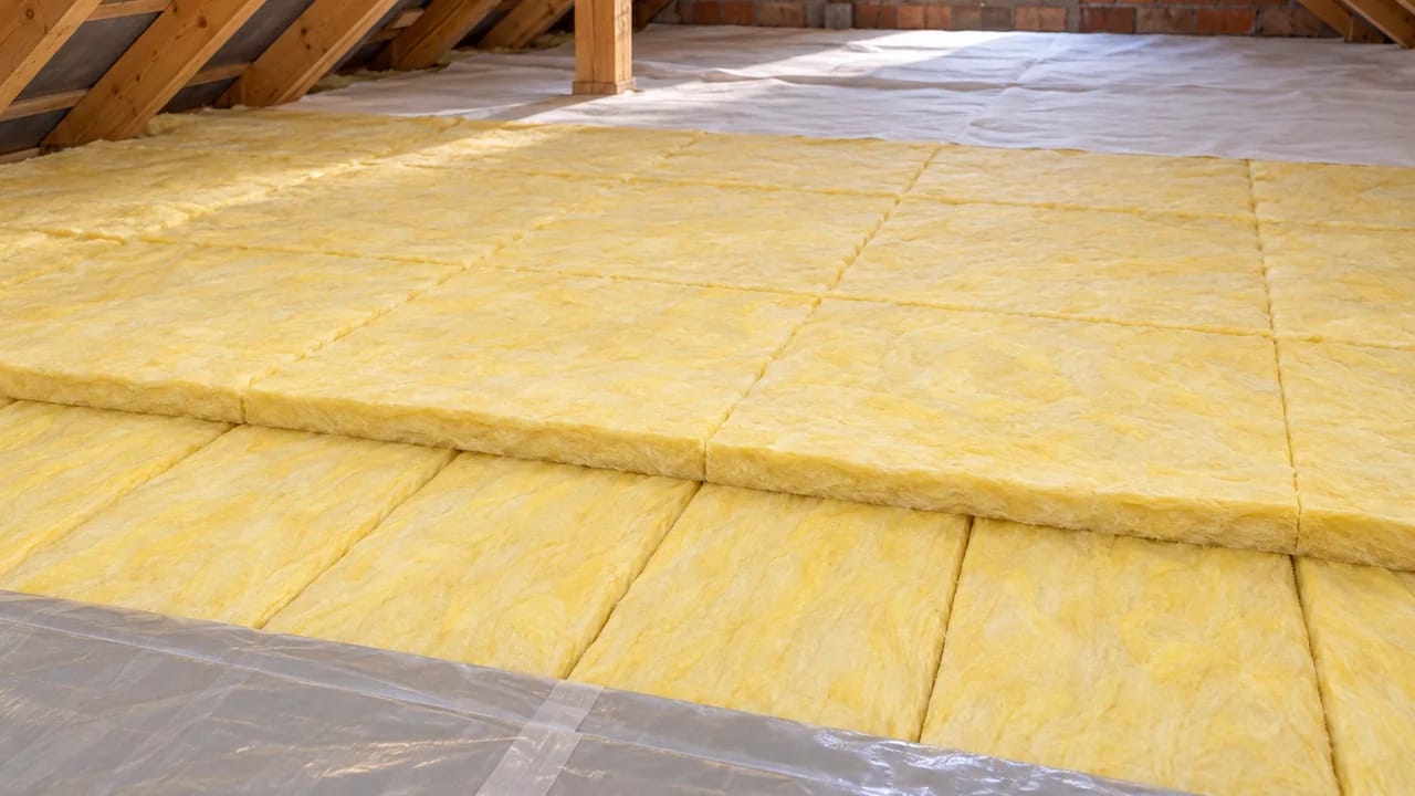 Illustration: attic floor insulation seen from above at an angle; the bottom layer of pale-yellow glass wool strips runs away from the camera, the top layer is cross-laid left to right; translucent grey vapour barrier at the front, white breathable membrane further back, timber rafters