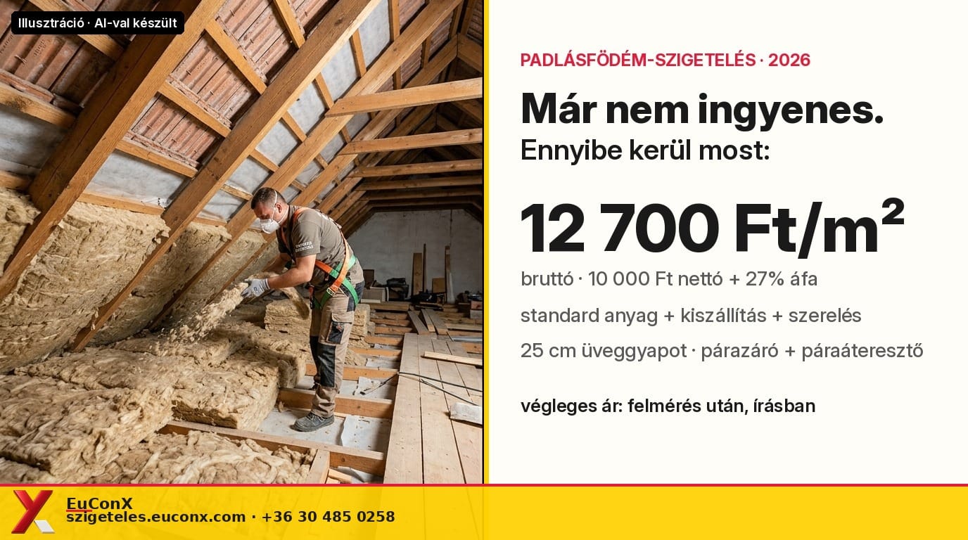 Padlásfödém-szigetelés üveggyapottal – illusztráció, mellette a 12 700 Ft/m² bruttó kiinduló ár.