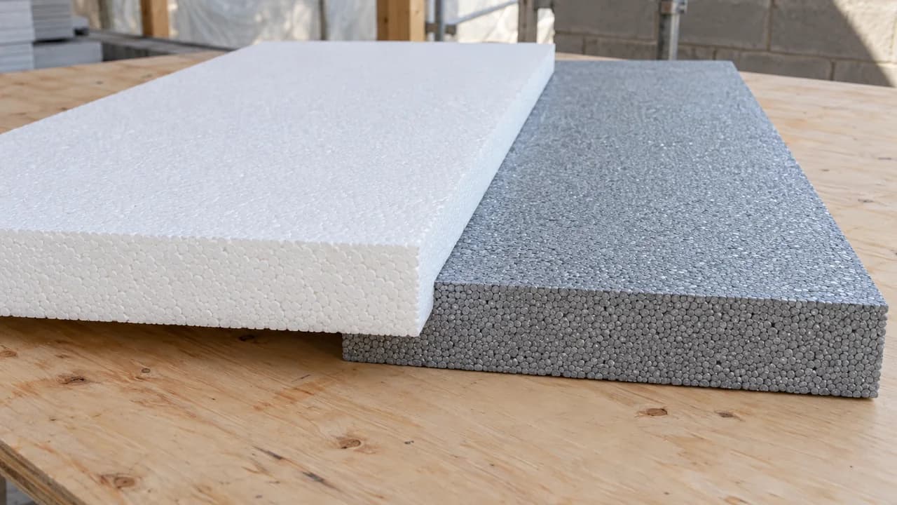 A white EPS board and a silver-grey graphite EPS board of the same thickness side by side on a plywood table, the cut edges showing the bead structure