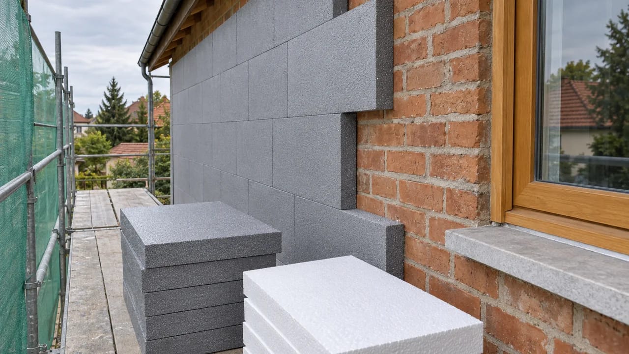 Illustration: brick facade of a detached house seen from a scaffold with green netting; grey graphite EPS boards bonded in a staggered pattern on the brick wall, one stack of grey and one stack of white EPS boards on the scaffold boards, a timber window frame on the right