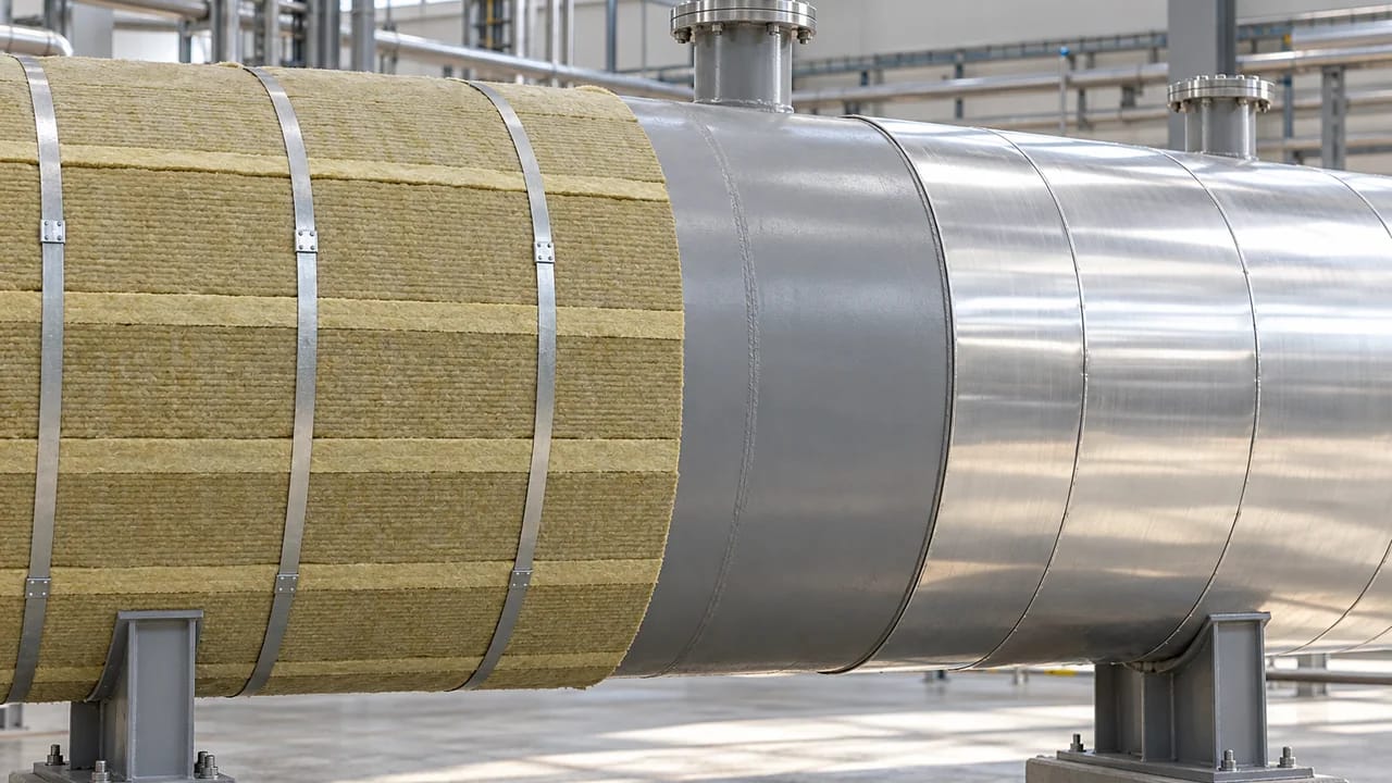 Temsili görsel: temiz bir fabrika holünde yatay çelik proses tankı; sol kısmı çelik çemberlerle sabitlenmiş zeytin-kum rengi taş yünü levhalarla sarılı, ortası çıplak gri çelik, sağ kısmı düz alüminyum kaplamalı; arkada boru köprüleri