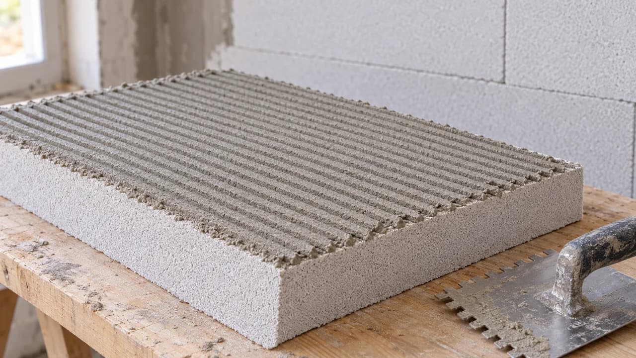 A mineral insulation board on a work table, its back fully covered with mortar combed into ribs by a notched trowel; the trowel lies beside it