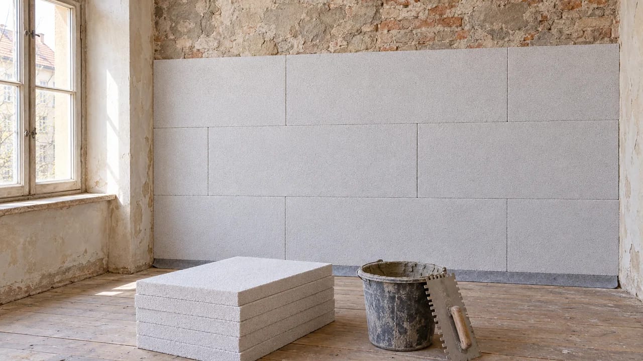 Illustration: empty room in an old brick town house with a tall timber window on the left; the inner face of the external wall cleaned back to brick, its lower two thirds covered with off-white mineral insulation boards in half-bond with dry joints, a grey separation strip at the floor; a stack of boards, a mortar bucket and a notched trowel on the timber floor