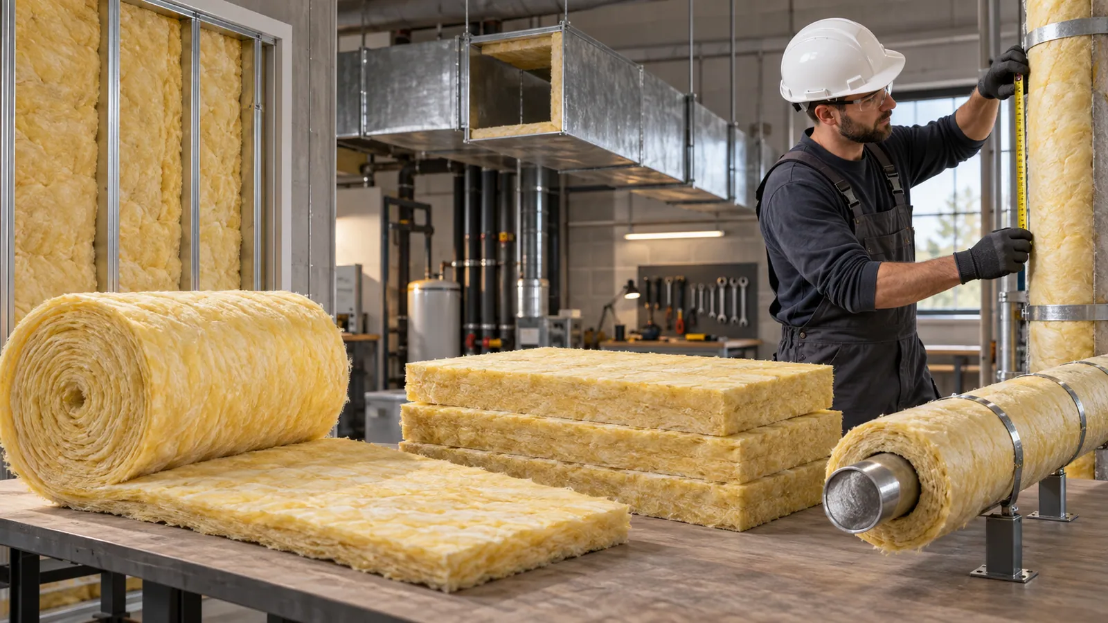 Different glass-wool product forms arranged on a technical sample table.