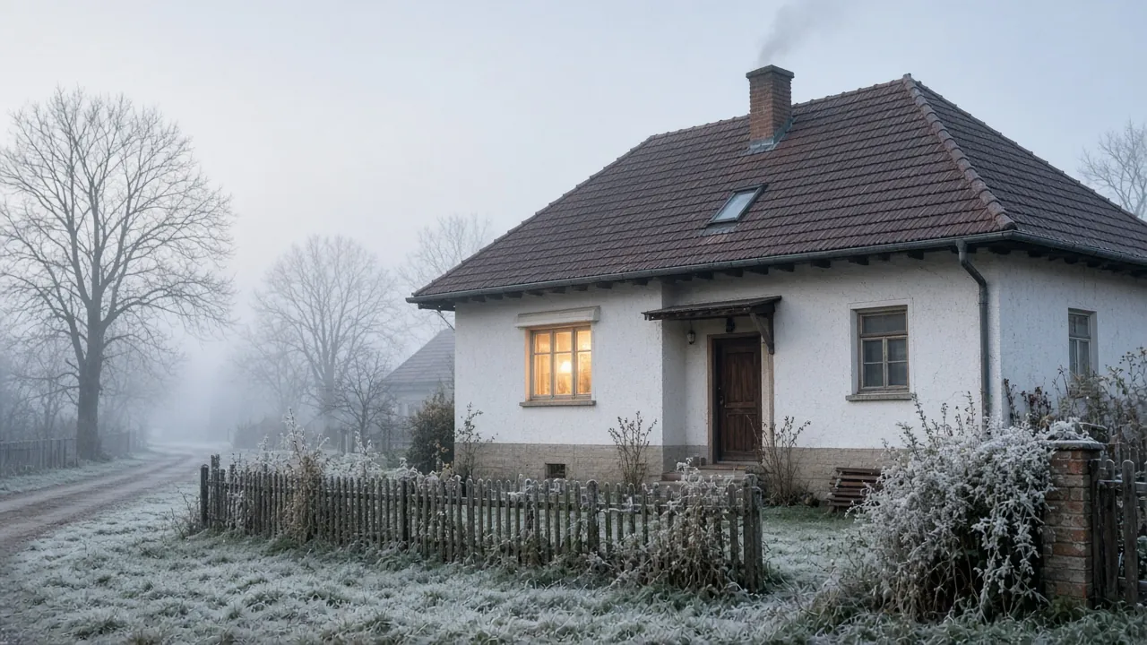 Szemléltető kép: deres magyar falusi családi ház késő ősszel