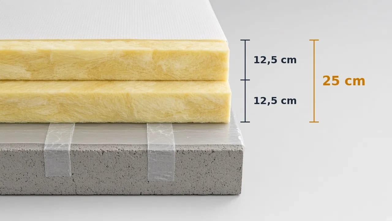 Szemléltető metszet: betonfödém, párazáró fólia, 2 × 12,5 cm = 25 cm üveggyapot, felül páraáteresztő fólia