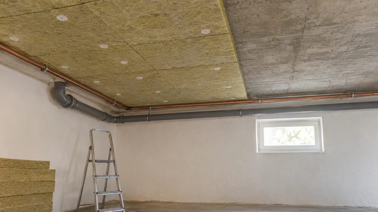 Temsili görsel: yarısı yalıtılmış bir bodrum tavanı; solda dübellerle tutturulmuş taş yünü levhalar, sağda çıplak beton döşeme, duvar boyunca bakır boru ve gri gider borusu, küçük pencere, alüminyum merdiven ve köşede bir levha yığını