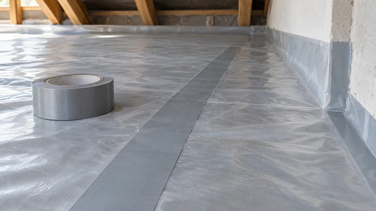 Vapour control membrane on a concrete slab: translucent grey membrane, the lap sealed with grey tape, the membrane turned up onto the plastered wall and taped, a roll of tape lying on the membrane