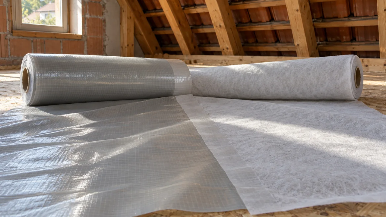 Illustration: two membrane rolls partly unrolled on an OSB attic floor; on the left a translucent grey reinforced vapour control membrane, on the right a white fibrous breathable membrane; rafters, roof tiles and a gable window behind