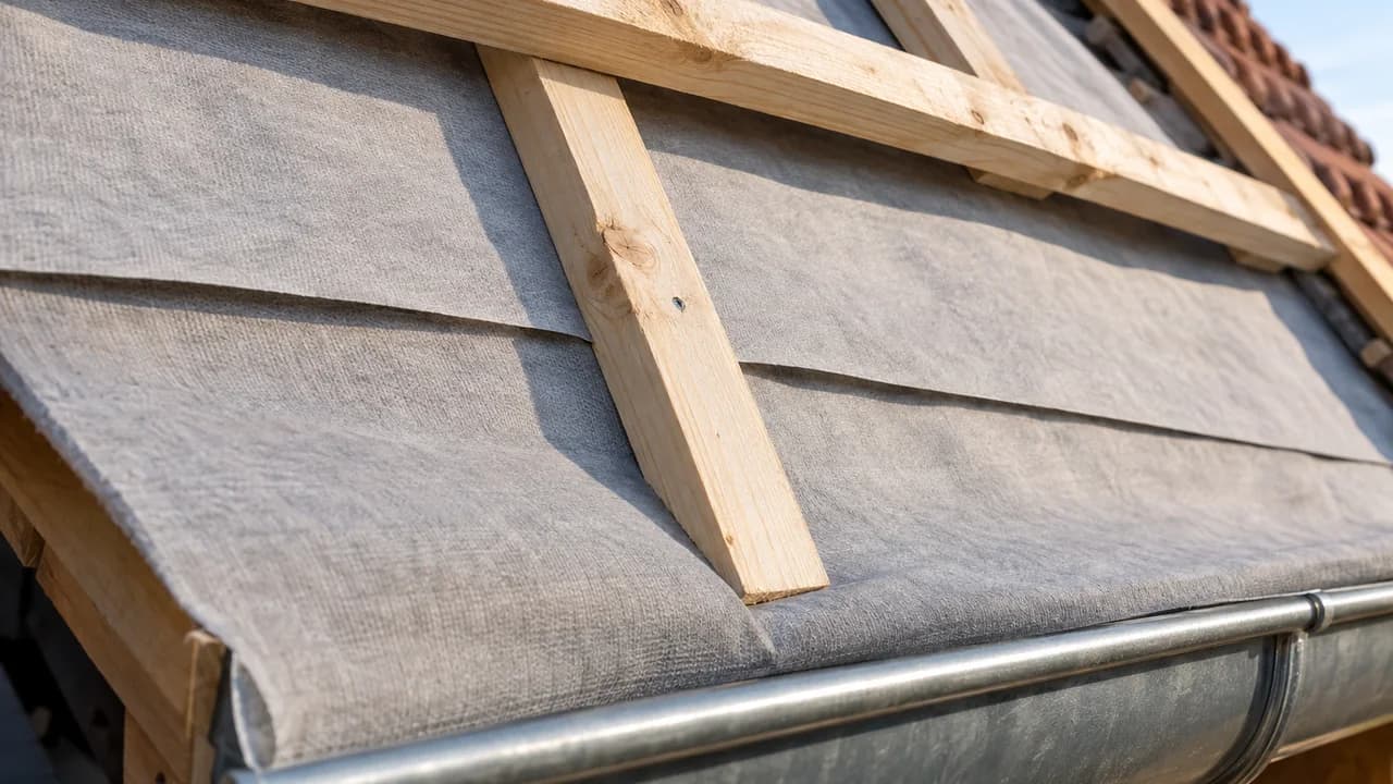 Close-up of the eaves: strips of grey roof underlay overlapping from above, a counter-batten along the rafter line on the membrane, and the lower edge of the membrane led into the gutter