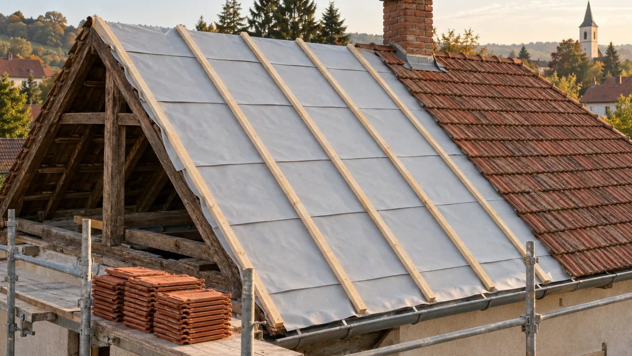 Illustration: a pitched roof during renovation; one half shows grey underlay over the rafters with vertical counter-battens, the other half already has red clay tiles, with scaffolding and a stack of tiles at the eaves