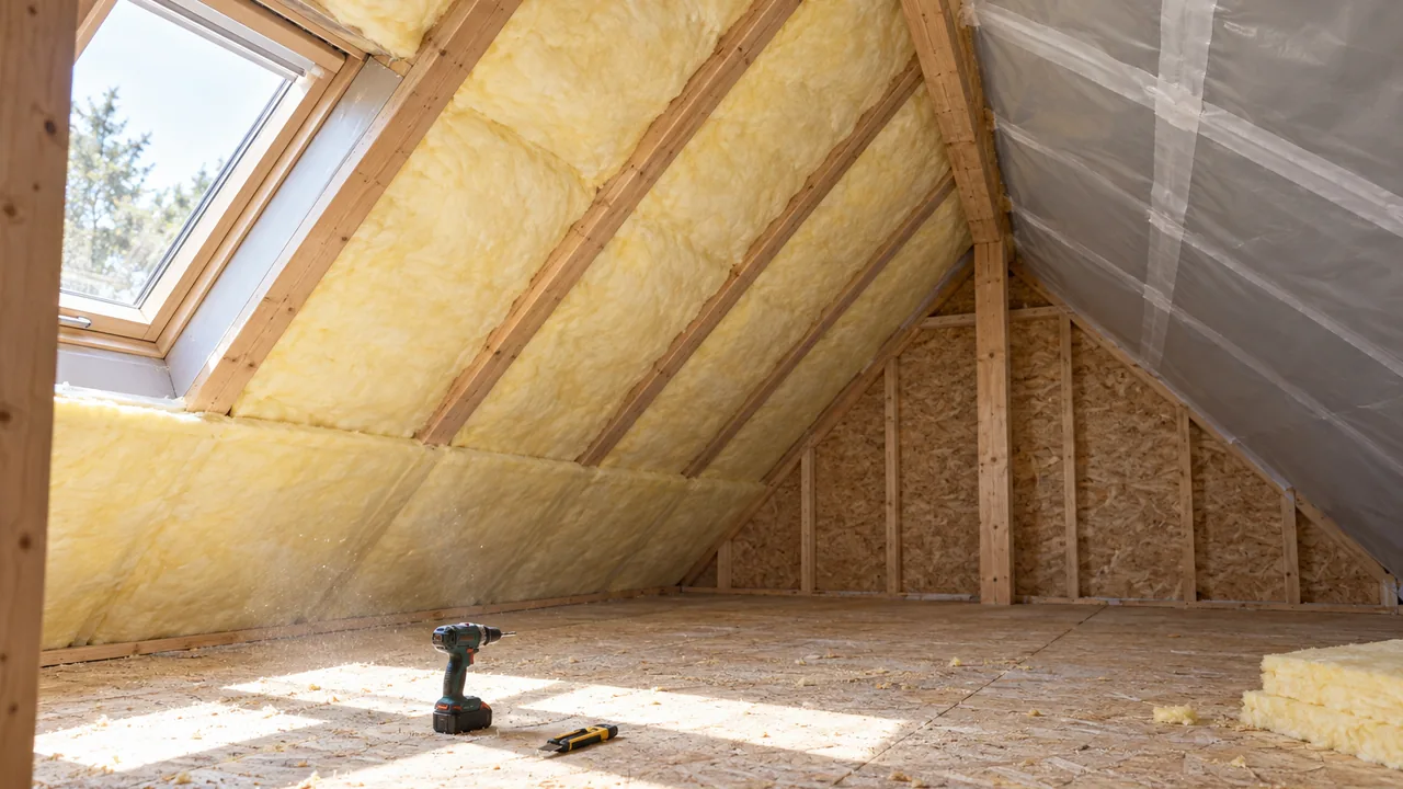 Illustration: yellow glass wool fitted between the rafters of a heated attic, with a vapour control layer in front