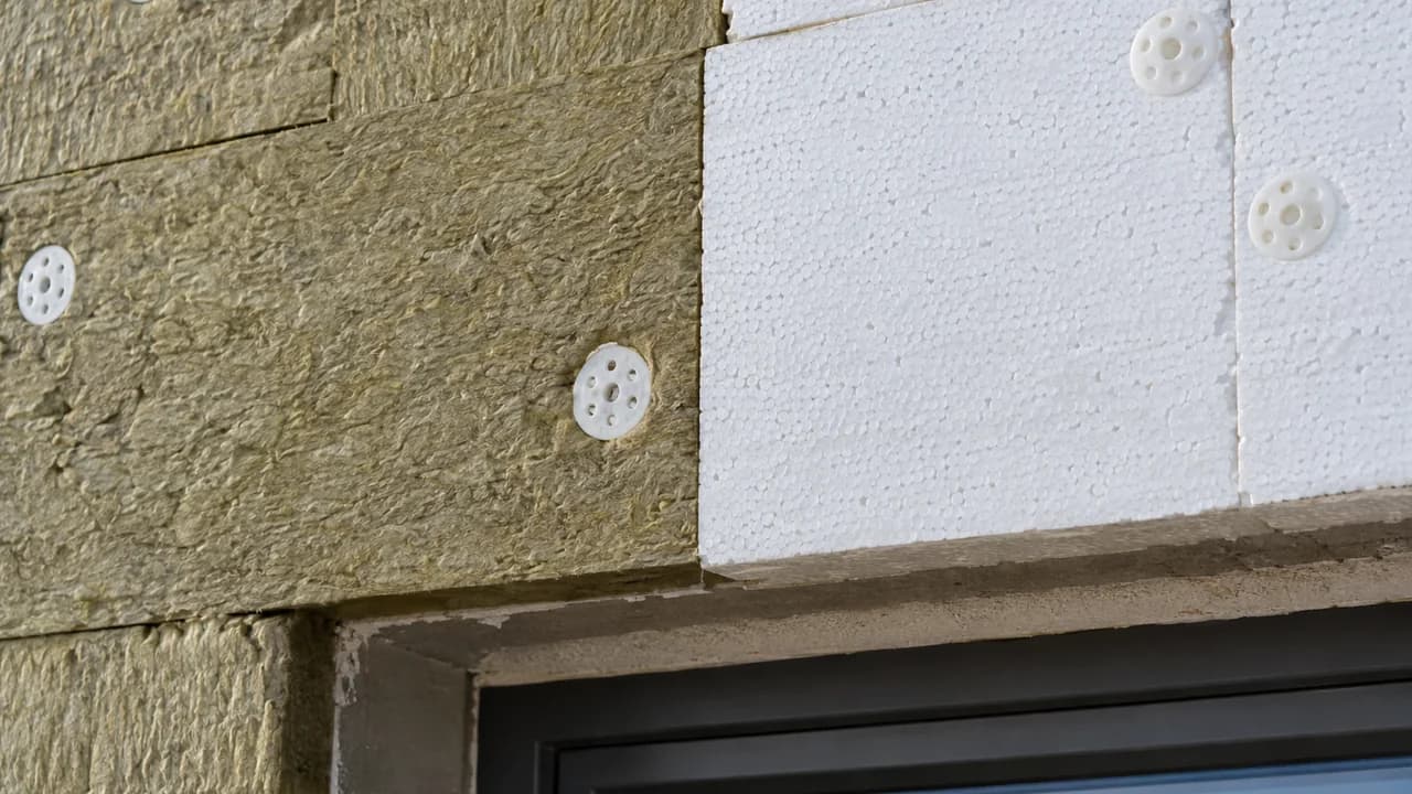 Close-up above a window head: tan stone wool boards on the left and white EPS boards on the right meet at a vertical joint, both fixed with white plate anchors, with the dark window frame below