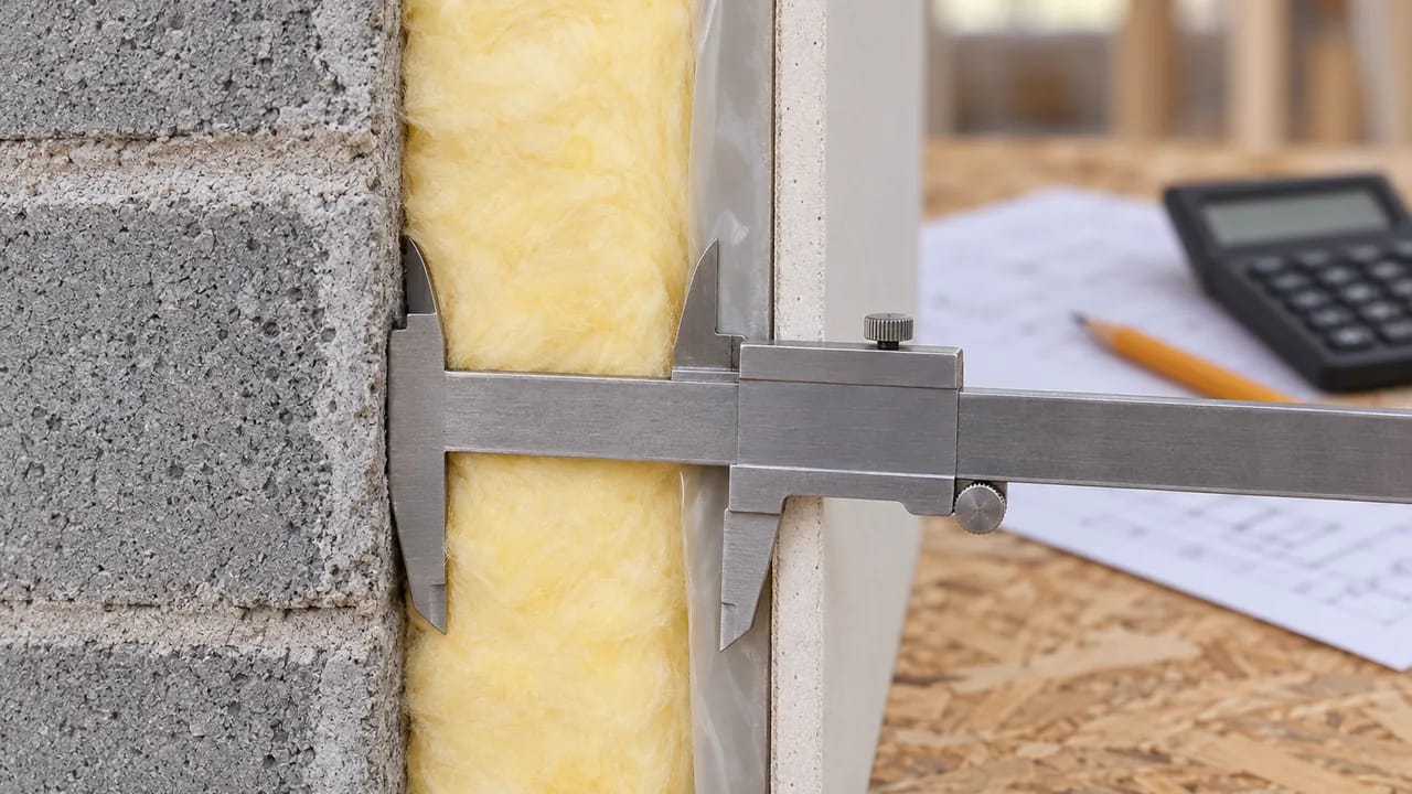 Illustration: wall section with insulation next to a notebook showing a U-value formula and a calculator