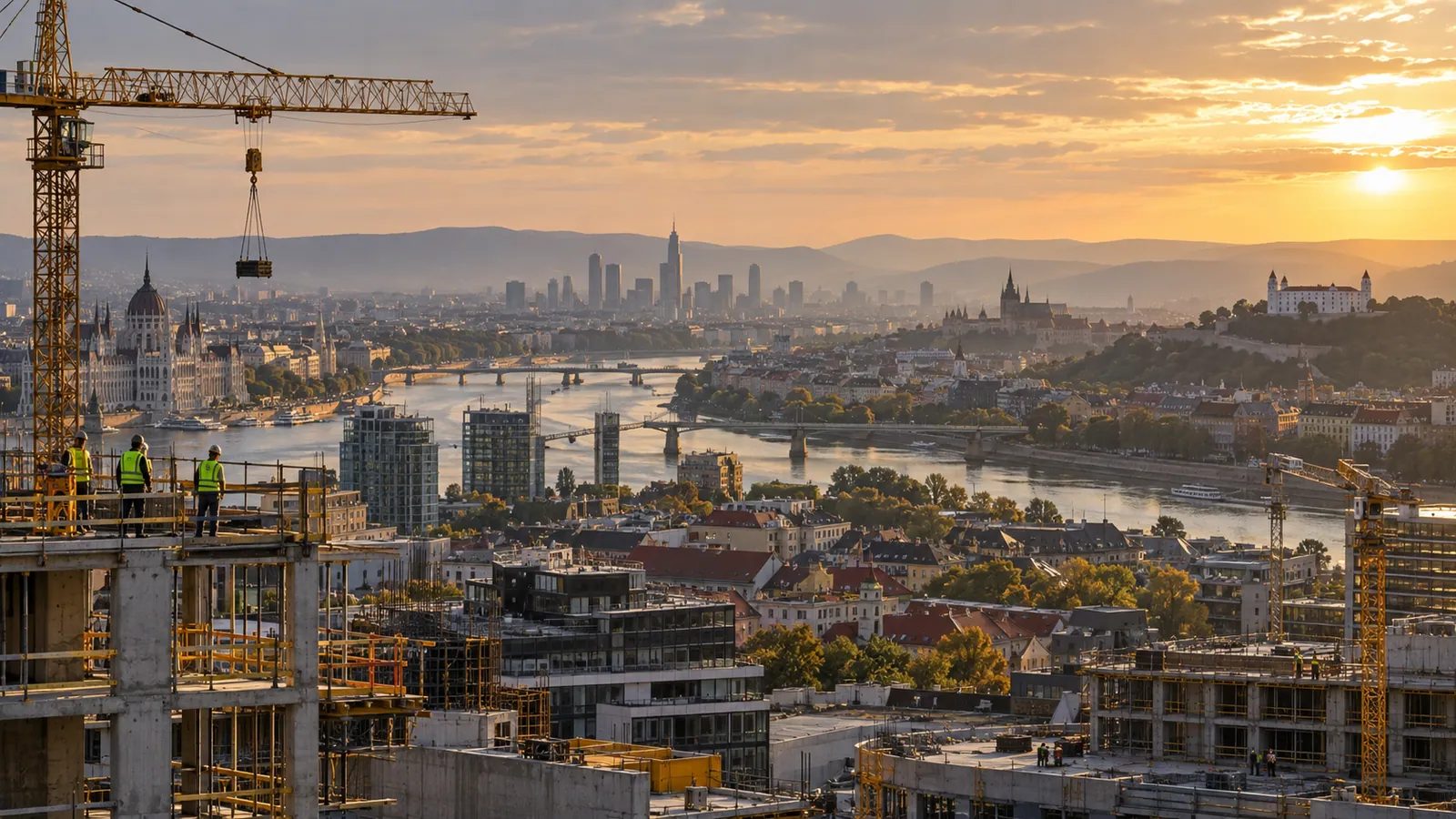 Budapest látképe épülő házakkal és darukkal a városi tetővonal mögött.