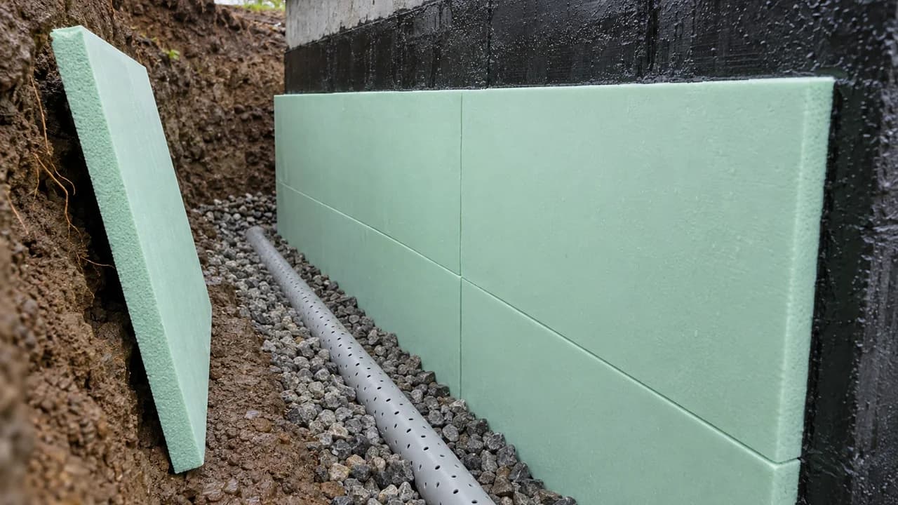 XPS boards against a black bitumen-waterproofed basement wall in a trench, a perforated drain pipe in gravel at the bottom, a spare board leaning against the trench side