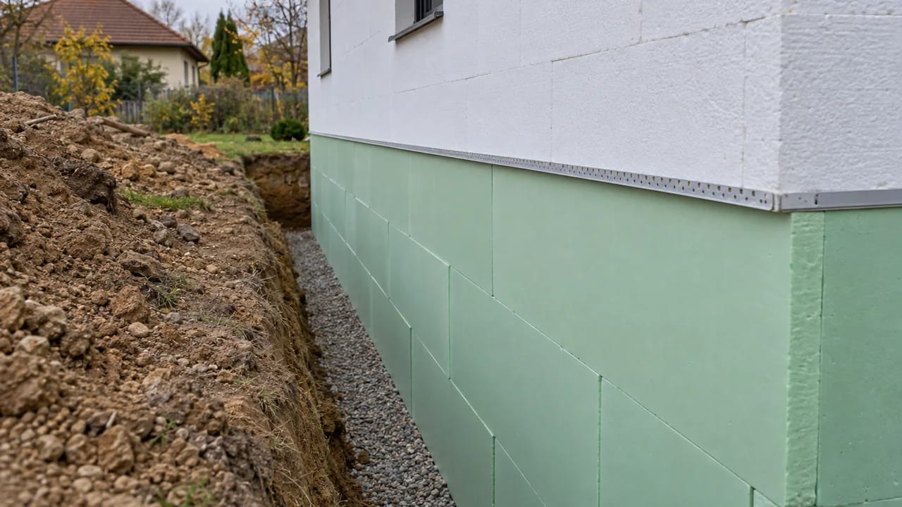 Illustration: detached house with an open trench; pale mint-green XPS boards from the trench bottom up the plinth, a metal starter profile above them and white EPS boards on the facade; gravel at the bottom of the trench