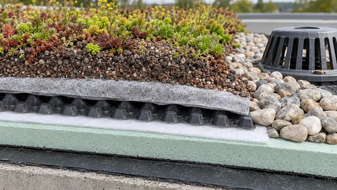 Cut-away edge of a green roof: concrete slab at the bottom, black bitumen membrane, pale green XPS board, white separating filter, dark dimpled drainage board, grey filter fleece and substrate with sedum; on the right a gravel strip and a roof outlet with a grate