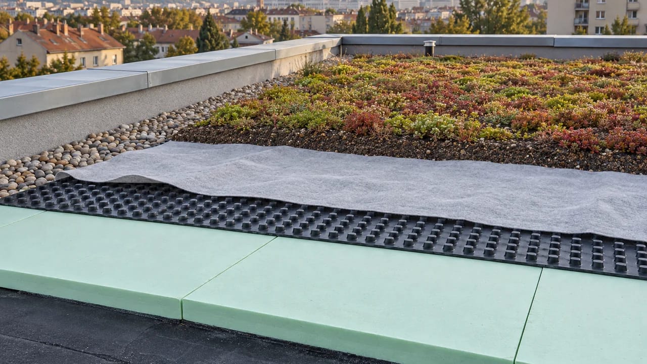 Illustration: a city flat roof being finished as a green roof; pale green XPS boards on black waterproofing, a dark dimpled drainage board and grey filter fleece over them, sedum planting behind and a gravel strip along the parapet